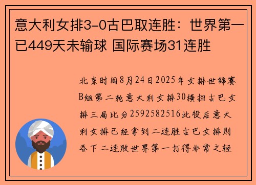 意大利女排3-0古巴取连胜：世界第一已449天未输球 国际赛场31连胜